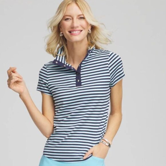 Chico's Zenerty UPF Stripe Snap Mock neck Polo size 00 in Paradiso BLue - Picture 1 of 4